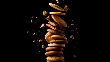 Stacked Cookies with Falling Crumbs on Black Background