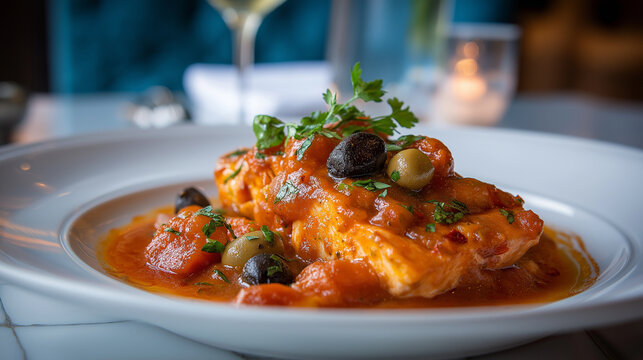 Mexican pescado a la Veracruzana featuring fish cooked in tomato, olive, and caper sauce, elegant plating, coastal lighting