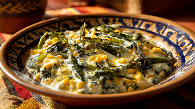 Mexican rajas con crema made with roasted poblano peppers, cream, and corn, served warm on a ceramic plate, home-style lighting