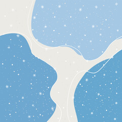 Winter-themed abstract vector illustration with soft blue and white curves depicting snow-covered landscapes. Falling snowflakes enhance the serene and tranquil feel