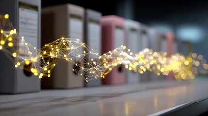 Vibrant network connections linking office binders with glowing nodes