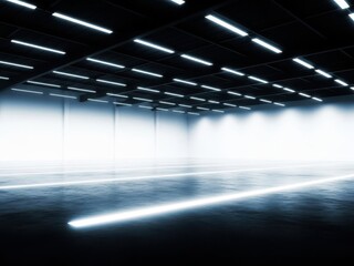 Brightly lit empty warehouse space with modern lighting