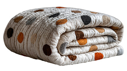Rolled muslin cotton blanket with earthy polka dot pattern detail on transparent background