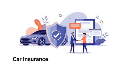 Two men shaking hands to finalize a car insurance deal, with the vehicle protected by a shield symbolizing safety and security.