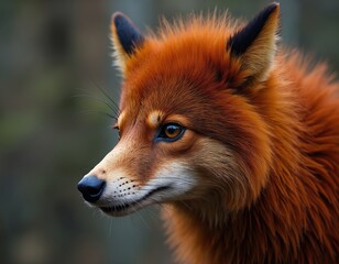 Obraz premium Red fox portrait close up profile outdoor forest setting. Wild animal fur detail texture macro shot. Alert mammal looking sideways with sharp eyes nose whiskers.