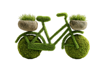 Bicycle sculpture made of moss and stone planters symbolizes green transport on transparent background