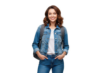 Obraz premium Young woman smiling with backpack isolated on transparent background