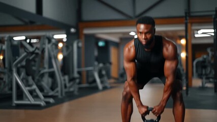 A focused individual performing a strength training exercise with a kettlebell in the gym Stock Video - Powered by Adobe