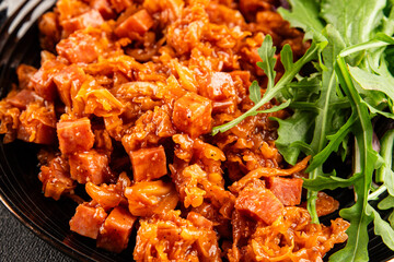 Stewed cabbage with ham cube tomato sauce braised cabbage vegetable food main course ingredient appetizer fresh tasty table setting gourmet food background on the table rustic food top view copy space