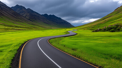 Naklejka premium Winding Road Through Icelandic Landscape, Minimalist Mountain Travel Scene