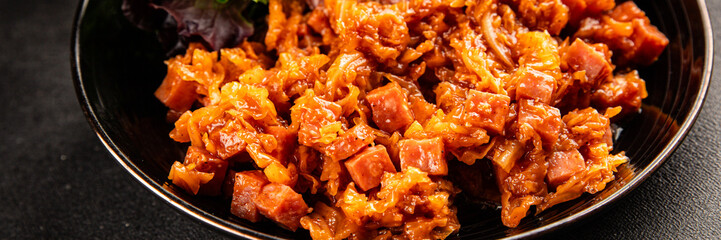 Stewed cabbage with ham cube tomato sauce braised cabbage vegetable food main course ingredient appetizer fresh tasty table setting gourmet food background on the table rustic food top view copy space