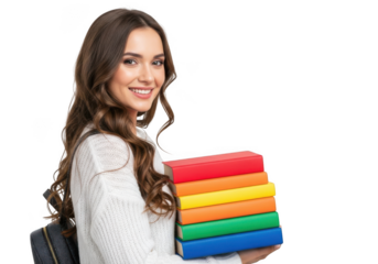 Young woman holding rainbow blocks isolated on transparent background