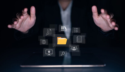 Concept of a document management system for corporate file archiving. This digital platform...