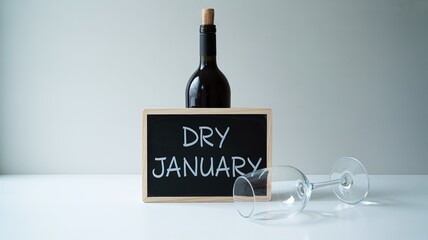 Dry January Concept with Chalkboard Sign, Wine Bottle, and Empty Glass Symbolizing New Year Resolution, Abstinence, Alcohol Detox, and Healthy Lifestyle Change