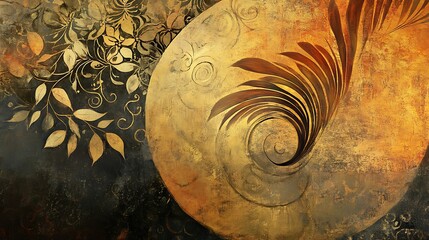 Golden abstract swirls fused with falling leaf patterns and muted floral curves
