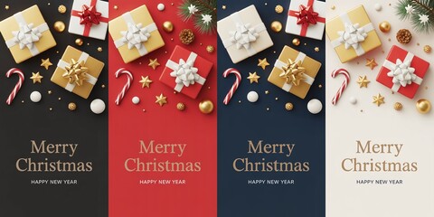 Merry Christmas and Happy New Year Vertical Banner Background Set with Gifts, Candy Canes, and Ornaments on Black, Red, Blue, and White Layouts for Sales