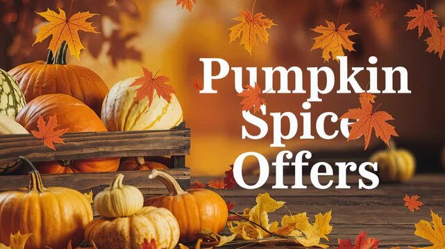 Autumn pumpkins and decorative gourds arranged on a wooden table with scattered fall leaves and warm bokeh background, offering clear empty space on the right for text or promotional graphics for seas