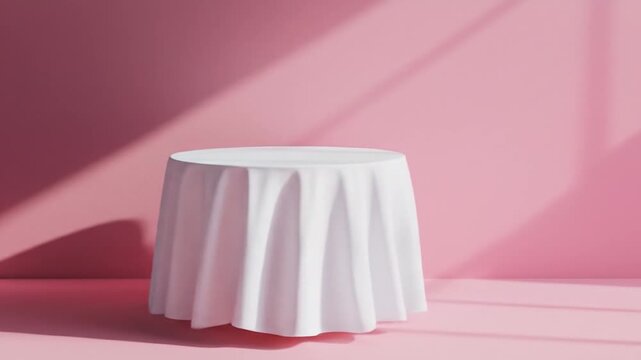 Pink room with white table draped in cloth, sunlight casting shadows