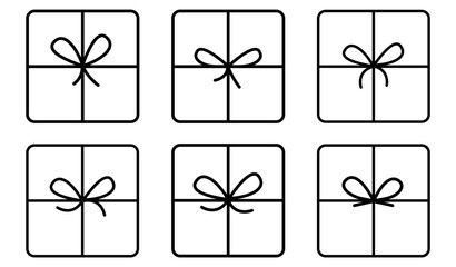 Hand drawn gift box collection in line style. Simple ribbon knots for present packaging perfect for cards and tags. Vector illustration isolated on white.