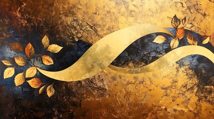 Golden abstract swirls fused with falling leaf patterns and muted floral curves
