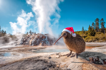 Kiwi bird wearing Santa Claus hat sits near majestic fuming geysers, geothermal area of Rotorua, New Zealand. Christmas and New Year greeting card design.   