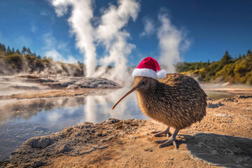 Cute brown kiwi bird wearing Santa Claus hat sits near fuming geysers, geothermal area of Rotorua, New Zealand. Christmas and New Year greeting card design.   