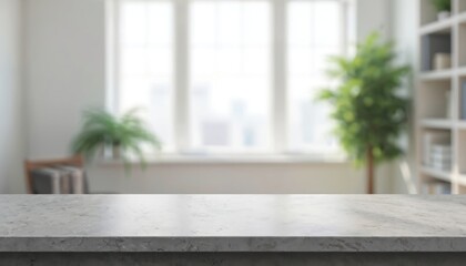 Fototapeta premium Empty marble desk surface in bright modern office with blurred background. Natural light streams through window illuminating interior plants and bookshelf. Clean minimalist workspace.