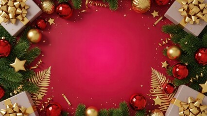 Festive Christmas border with gifts, ornaments, and pine branches on red background
