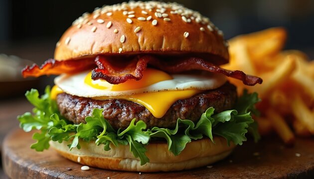 Juicy beef burger with bacon fried egg cheese arugula on sesame bun. Served with golden french fries. Delicious fast food for lunch or dinner.