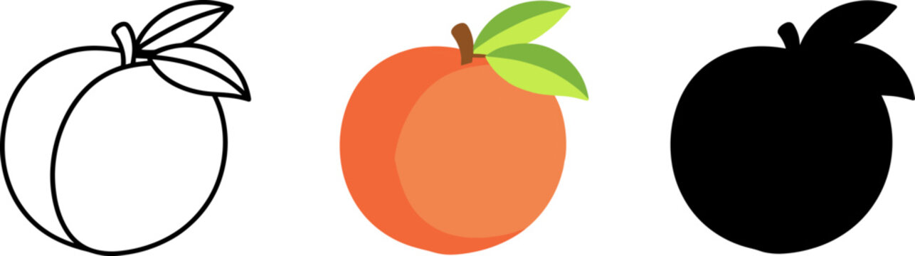 Fresh organic peach fruit with green leaves, healthy sweet summer snack vector illustration set.