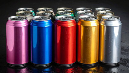 Array of colorful metallic beverage cans in multiple rows with reflections on a dark surface