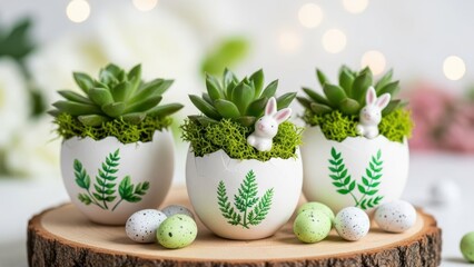 Easter succulent arrangements in cracked egg planters with cute bunny figurines and spring decor
