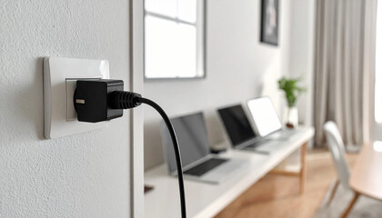 Naklejka premium Black power adapter plugged into white wall socket with laptop in background electricity