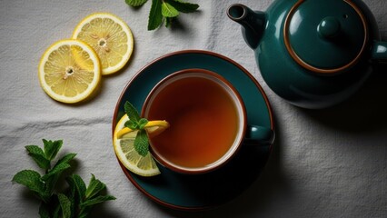 Refreshing tea with lemon slices and mint leaves, served in a teal teapot and cup