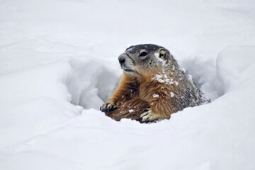 Obraz premium Groundhog resting in a snowy landscape, surrounded by soft white snow, capturing the essence of winter and the spirit of Groundhog Day