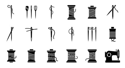 Sewing tools icons set with needles and thread, spools of yarn and a classic sewing machine, minimalist style
