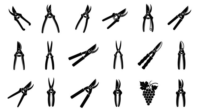 Pruning shears icons set with various garden secateurs for cutting branches and grape vines, minimalist style
