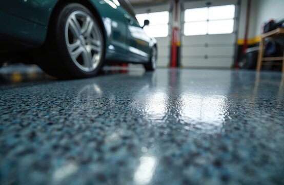 Shiny epoxy garage floor surface with flecks, reflecting light. A car wheel is visible in close up. Modern automotive interior, clean workshop space, vehicle maintenance.