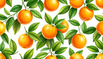 Close-up Pattern of Ripe Oranges with Green Leaves and White Flowers on White Keywords: orange, citrus, fruit