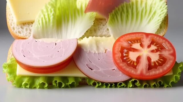 Perfectly Layered Fresh Sub Sandwich with Sliced Meat Cheese and Vegetables