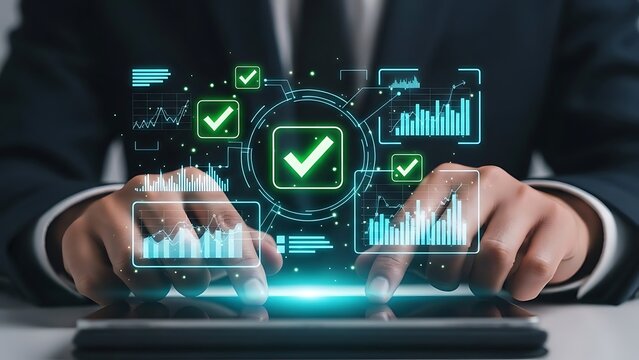 Hands interacting with a digital interface displaying data analytics and security checks - Powered by Adobe