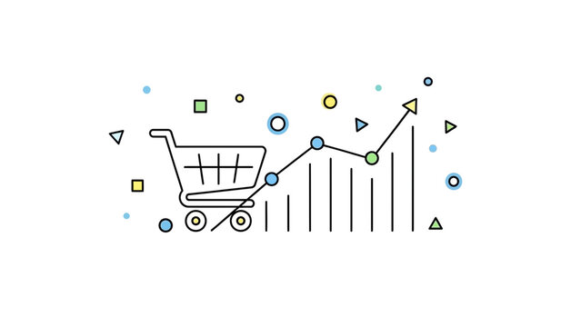 E-commerce shopping cart with growing sales graph and colorful geometric shapes