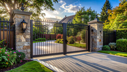Obraz premium Elegant Stone Pillar Estate Gates with Wrought Iron Fence and Lush Landscaping Keywords: estate gate, wrought iron