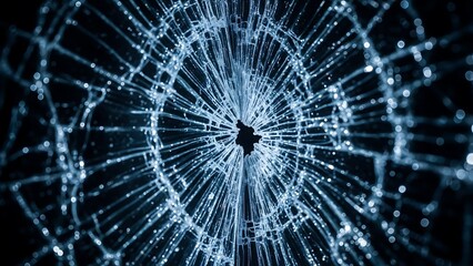 Fototapeta premium Shattered glass screen with intricate cracks radiating from a central impact point