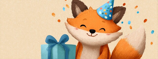 Obraz premium Smiling Fox Character Wearing Party Hat Celebrating with a Gift Box and Colorful Confetti Background