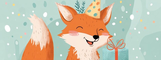 Obraz premium Joyful Fox Celebration with Party Hat and Gift in Colorful Background, Perfect for Festive Illustrations
