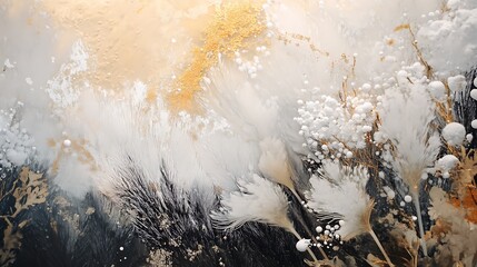 Natural-toned splashes melting into feather-like plant forms and soft soil texture 