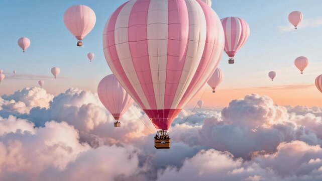 Hot air balloons float above a close-up of a large pastel balloon envelope with several smaller balloons drifting in a soft sunrise sky, and open sky area offers visible space for text or design eleme