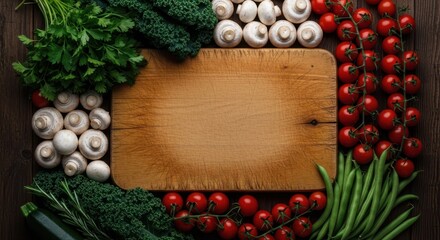 Fototapeta premium Fresh vegetables and mushrooms arranged around a rustic wooden cutting board for cooking