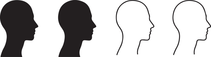Profile Silhouettes of Human Heads in Black and White Outline and Solid Fill face